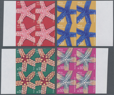 Malediven: 2004, Star Fishes Complete Set Of Four In IMPERFORATE Blocks Of Four From Right Or Left M - Maldivas (1965-...)