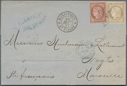 Martinique: 1877, Ceres 10c. Brown On Rose And 30c. Grey-brown, Both Cut Into, 40c. Rate On Lettersh - Other & Unclassified