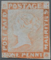 Mauritius: 1848-59 1d. Red On Bluish Paper, Unused Without Gum, Almost Complete Margins Except A Sli - Maurice (...-1967)