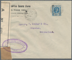 Mauritius: 1939 Censored Cover To Switzerland Franked By 1938 20c. Blue Tied By G.P.O. Mauritius '11 - Mauritius (...-1967)