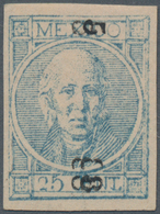 Mexiko: 1868, 25 C Blue Hidalgo Thin Value Digit PROOF Without Gum From Plate B With District Number - Mexico