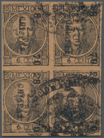 Mexiko: 1868, 6 C Black On Brown Thick Digits In Block Of Four With Overprint 28-7 CHIAPAS And Eagle - Messico