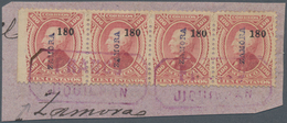 Mexiko: 1880, 100 C Violet Horizontel Stripe Of Four On Piece With Overprint 180 ZAMORA Tied By Viol - Mexiko