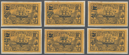 Neukaledonien: 1924, Revaluation Overprints, 25c. On 5fr. Black/yellow, Six Different Essays Of Over - Covers & Documents