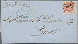 Peru: 1858, 1 Peseta Vermillion Single Franking Tied By Dot-oval Cancel YQUIQ On Folded Letter With - Peru