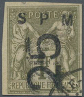 St. Pierre Und Miquelon: 1885, 25 On 1fr. Olive, "SPM" At Top And Lying "25" (double Impression), Fr - Sonstige & Ohne Zuordnung