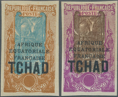 Tschad: 1924/1928, AEF Overprints, Design "Coconut Palms", Two Imperforate Proofs In Colours "bistre - Chad (1960-...)