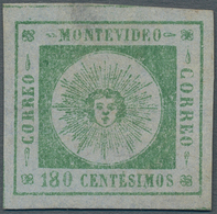 Uruguay: 1859, Sun Head 180c. Green, Essay In Issued Design On Bluish Papier With Silk Thread, Small - Uruguay