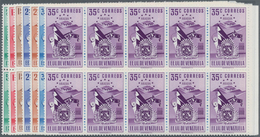 Venezuela: 1951, Coat Of Arms ‚ARAGUA‘ Normal Stamps Complete Set Of Seven In Blocks Of Ten From Rig - Venezuela