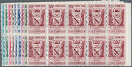 Venezuela: 1952, Coat Of Arms 'MIRANDA‘ Airmail Stamps Complete Set Of Nine In Blocks Of Ten From Ri - Venezuela