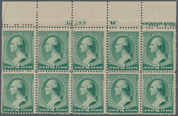 Vereinigte Staaten Von Amerika: 2c Green 1887 Issue (Scott 213), Top Block Of Ten With Plate No. 599 - Sonstige & Ohne Zuordnung