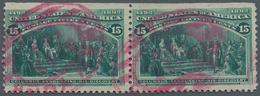 Vereinigte Staaten Von Amerika: 1893, 15 Cent Columbus, Horizontal Pair With Red NEW YORK Oval Cance - Sonstige & Ohne Zuordnung