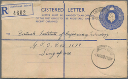 Weihnachtsinsel: 1958 (6.8.), Singapore Registered Letter QEII 20c.+10c. Blue Used With CHRISTMAS IS - Christmaseiland