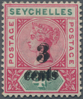 Seychellen: 1893 QV 3c. On 4c. Carmine & Green, Variety "OVERPRINT DOUBLE", Mint Lightly Hinged, Fre - Seychellen (...-1976)