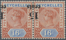Seychellen: 1893 QV 15c. On 16c. Chestnut & Blue Horizontal Pair, Variety "OVERPRINT INVERTED & SHIF - Seychellen (...-1976)