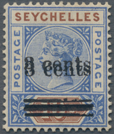 Seychellen: 1901 QV 3c. On 10c. Bright Ultramarine & Brown, Variety "OVERPRINT Double", MINT NEVER H - Seychelles (...-1976)