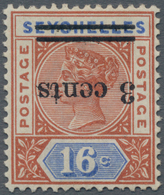 Seychellen: 1901 QV 3c. On 16c. Chestnut & Ultramarine, Variety "OVERPRINT INVERTED", Mint Lightly H - Seychellen (...-1976)
