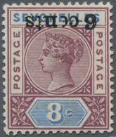Seychellen: 1901 QV 6c. On 8c. Brown-purple & Ultramarine, Variety "OVERPRINT INVERTED", Mint Lightl - Seychellen (...-1976)