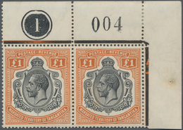 Tanganjika: 1927-31 KGV. £1 Brown-orange, Top Right Corner Pair With Plate No. "1" And Sheet No. "00 - Tanganyika (...-1932)