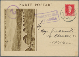 Albanien - Ganzsachen: 1942, 15 Q Red Postal Stationery Picture Postcard (Ura E Shkumbinit) From Kon - Albanien