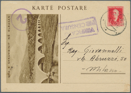 Albanien - Ganzsachen: 1942, 15 Q Red Postal Stationery Picture Postcard (Ura E Shkumbinit) From Kon - Albania