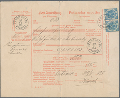 Bosnien Und Herzegowina (Österreich 1879/1918): 1885, 10kr. Blue, Two Copies On Telegraphic Money Or - Bosnie-Herzegovine