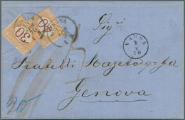 Bulgarien: 1870, Mail From "VARNA" To Italy, Postage Dues 30c. Ocre/carmine And 40c. Ocre/carmine On - Covers & Documents