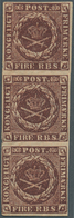 Dänemark: 1853 "Fire R.B.S." Dark Reddish Brown From 2nd Thiele Printing, Plate II, VERTICAL STRIP O - Ongebruikt