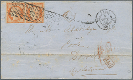 Frankreich: 1850 Ceres 40c. Orange With RETOUCHED "4" In Pair With Normal Used On Folded Cover From - Other & Unclassified