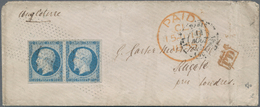 Frankreich: 1854 'Napoleon' 20c. Blue Horizontal Pair Used On Small Cover From Paris To Reigate, Eng - Andere & Zonder Classificatie