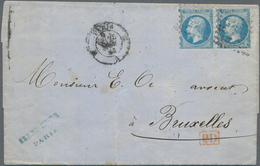 Frankreich: 1860 'Napoleon' 20c. Blue Horizontal Pair With PRIVATE PERFORATION 7¼x7 (Frères, Paris) - Autres & Non Classés