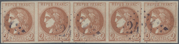 Frankreich: 1870, Bordeaux Issue, 2c. Marron, Horizontal Strip Of Five, Fresh And Intense Colour, Fu - Other & Unclassified
