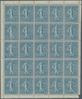 Frankreich: 1921, 50c. Blue "Semeuse Lignee", Pane Of 25 Stamps (right Selvedge Partly Separated And - Other & Unclassified