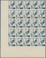 Frankreich: 1944, Definitives, 2fr. Blue "Coq", Imperforate Marginal Block Of 25 From The Lower Left - Other & Unclassified