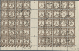 Frankreich - Portomarken: 1931, 2fr. Sepia, Gutter Block Of 45 From The Lower Right Corner Of The Sh - 1960-.... Afgestempeld