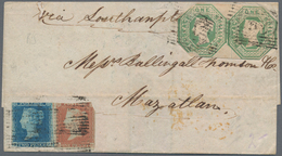 Großbritannien: 1854, 1 P Red-brown, 2 P Blue And A Pair 1 Sh Green (partly Octagonal Cut) Mixed Fra - Other & Unclassified