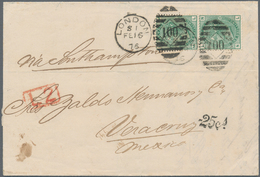 Großbritannien: 1875 1s. Green Vertical Pair, Plate 12, Used On Folded Letter From London To Veracru - Other & Unclassified