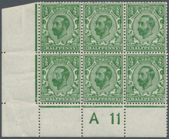Großbritannien: 1911, ½d. Yellow-green, Marginal Bock Of Six From The Lower Left Corner Of The Sheet - Andere & Zonder Classificatie