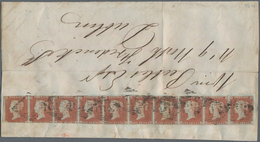 Irland: 1841 Ff., Great Britain 1d. Lake-red On Blued Paper, Horizontal Strip Of 10, Pos. G-C To G-L - Lettres & Documents