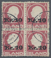 Island: 1925, King Frederik VIII. Definitive 50aur. Brown-lilac Surcharged ‚Kr. 10‘ Block Of Four Fi - Sonstige & Ohne Zuordnung