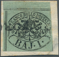 Italien - Altitalienische Staaten: Kirchenstaat: 1852, 1 Baj Black On Green, Stamp From Top Margin, - Papal States