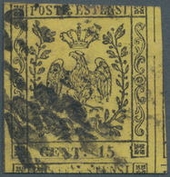 Italien - Altitalienische Staaten: Modena: 1852, 15 Cent. Black/yellow Cancelled With Dotted Lozenga - Modène