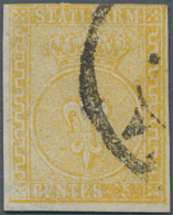 Italien - Altitalienische Staaten: Parma: 1854, 5 Cent. Yellow Cancelled, Three Sides Full Margins, - Parma