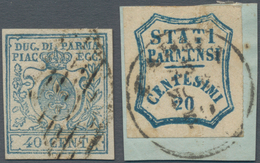 Italien - Altitalienische Staaten: Parma: 1857-59, Two Used Stamps, With 1857 40c. Blue Cancelled By - Parme