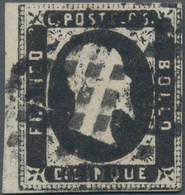 Italien - Altitalienische Staaten: Sardinien: 1851, 5 C Black Left Edge Piece With Dot Cancel, Small - Sardinië