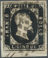 Italien - Altitalienische Staaten: Sardinien: 1851, 5 C Black, Three Margins, Lower Left Side Even T - Sardinia