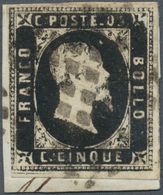 Italien - Altitalienische Staaten: Sardinien: 1851, 5 C Black, Three Margins, Lower Left Side Even T - Sardaigne