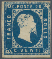 Italien - Altitalienische Staaten: Sardinien: 1851, 20c. Blue, Deep Intense Colour, Cut Into At Uppe - Sardinië