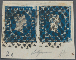 Italien - Altitalienische Staaten: Sardinien: 1851, 20 C Blue, Two Singles, Each Tied By Neat Mute R - Sardegna