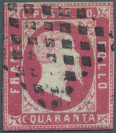 Italien - Altitalienische Staaten: Sardinien: 1851, 40 C Rose Carmine With Dotted Lozenge Cancel, Cu - Sardinia